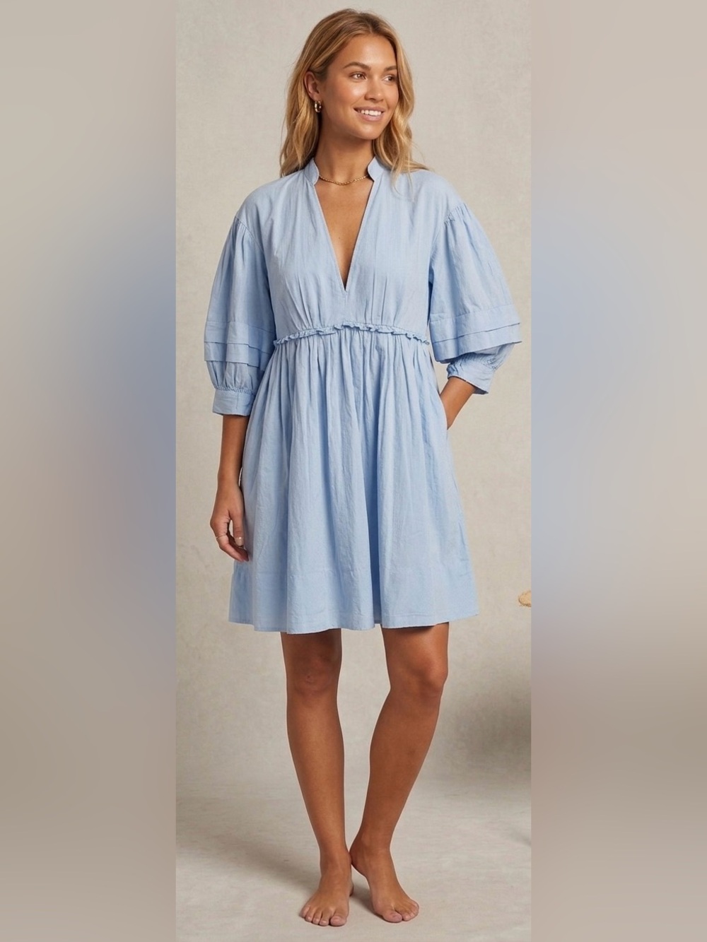 Anthropologie Maeve Mini Babydoll Sky Blue Tunic Style Puff Sleeve Cotton‎ Dress
